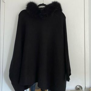 Cashmere and fur hooded poncho